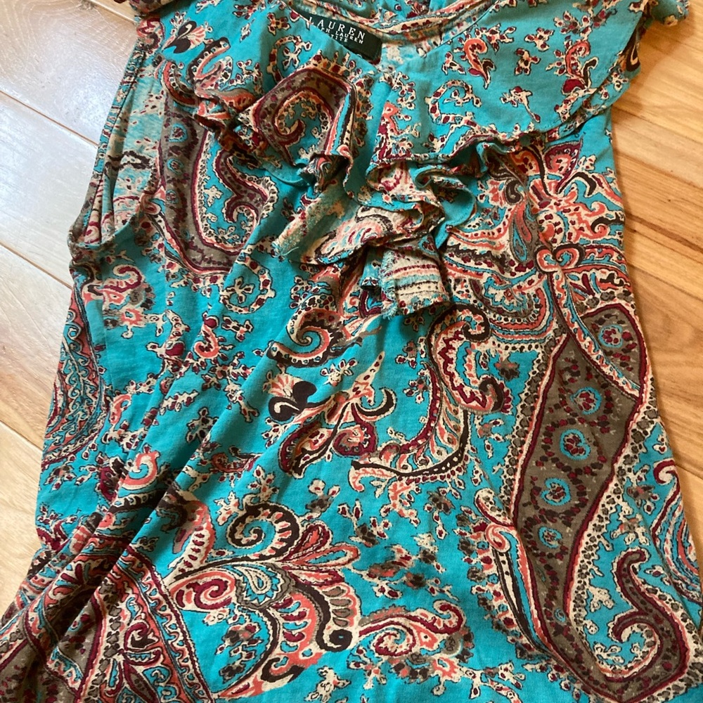 Ralph Lauren Y2K vintage Teal Paisley Ruffle Blouse - Picture 2 of 5